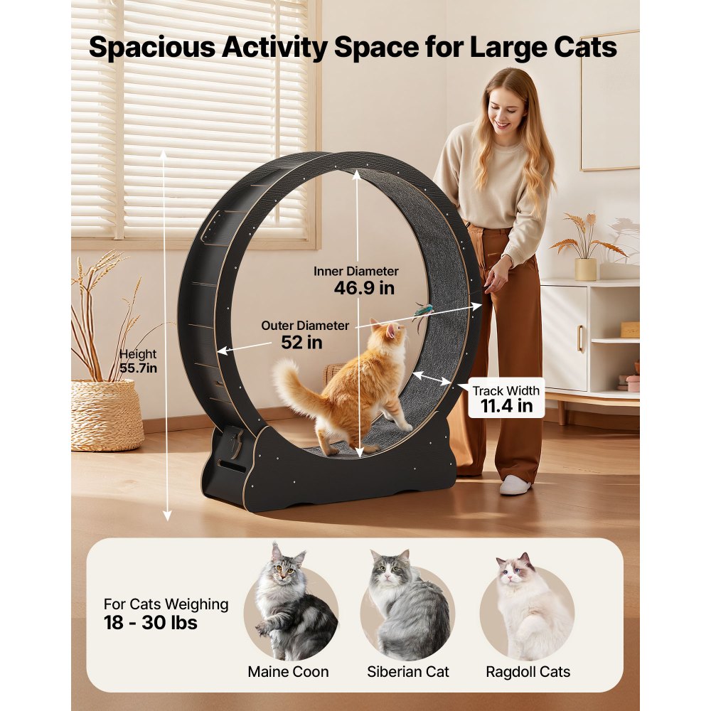 VEVOR Cat Exercise Wheel, 132cm Wooden Cat Running Wheel for Indoor Kitten up to 12.7kg, Cats Treadmill with Carpeted Runway & Locking Mechanism, Quiet Cat Sport Toys for Pets Fitness & Health, Black