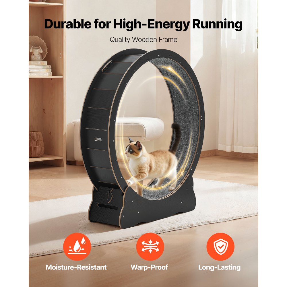 VEVOR Cat Exercise Wheel, 132cm Wooden Cat Running Wheel for Indoor Kitten up to 12.7kg, Cats Treadmill with Carpeted Runway & Locking Mechanism, Quiet Cat Sport Toys for Pets Fitness & Health, Black