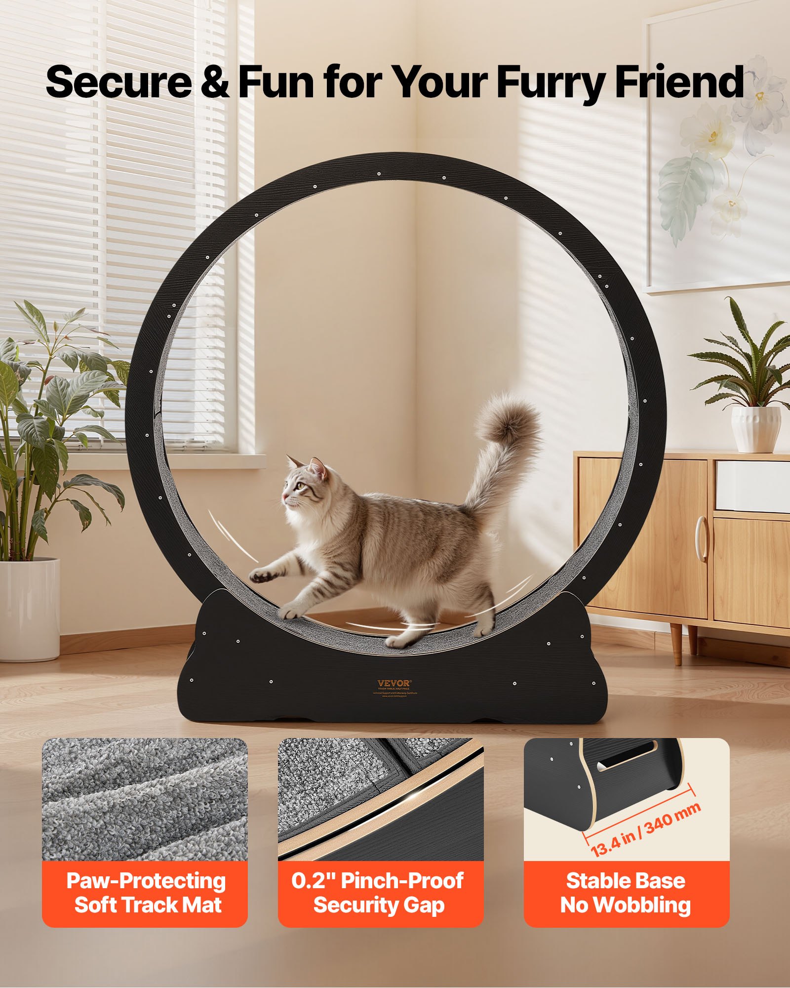 VEVOR Cat Exercise Wheel, 132cm Wooden Cat Running Wheel for Indoor Kitten up to 12.7kg, Cats Treadmill with Carpeted Runway & Locking Mechanism, Quiet Cat Sport Toys for Pets Fitness & Health, Black