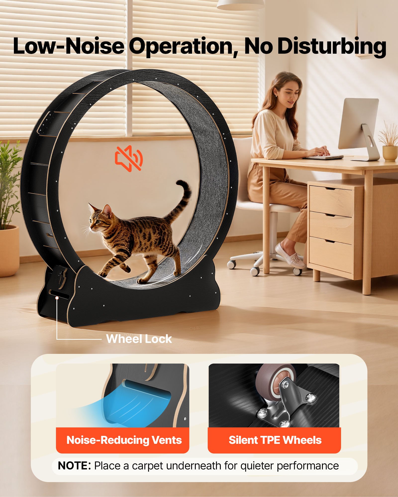 VEVOR Cat Exercise Wheel, 132cm Wooden Cat Running Wheel for Indoor Kitten up to 12.7kg, Cats Treadmill with Carpeted Runway & Locking Mechanism, Quiet Cat Sport Toys for Pets Fitness & Health, Black