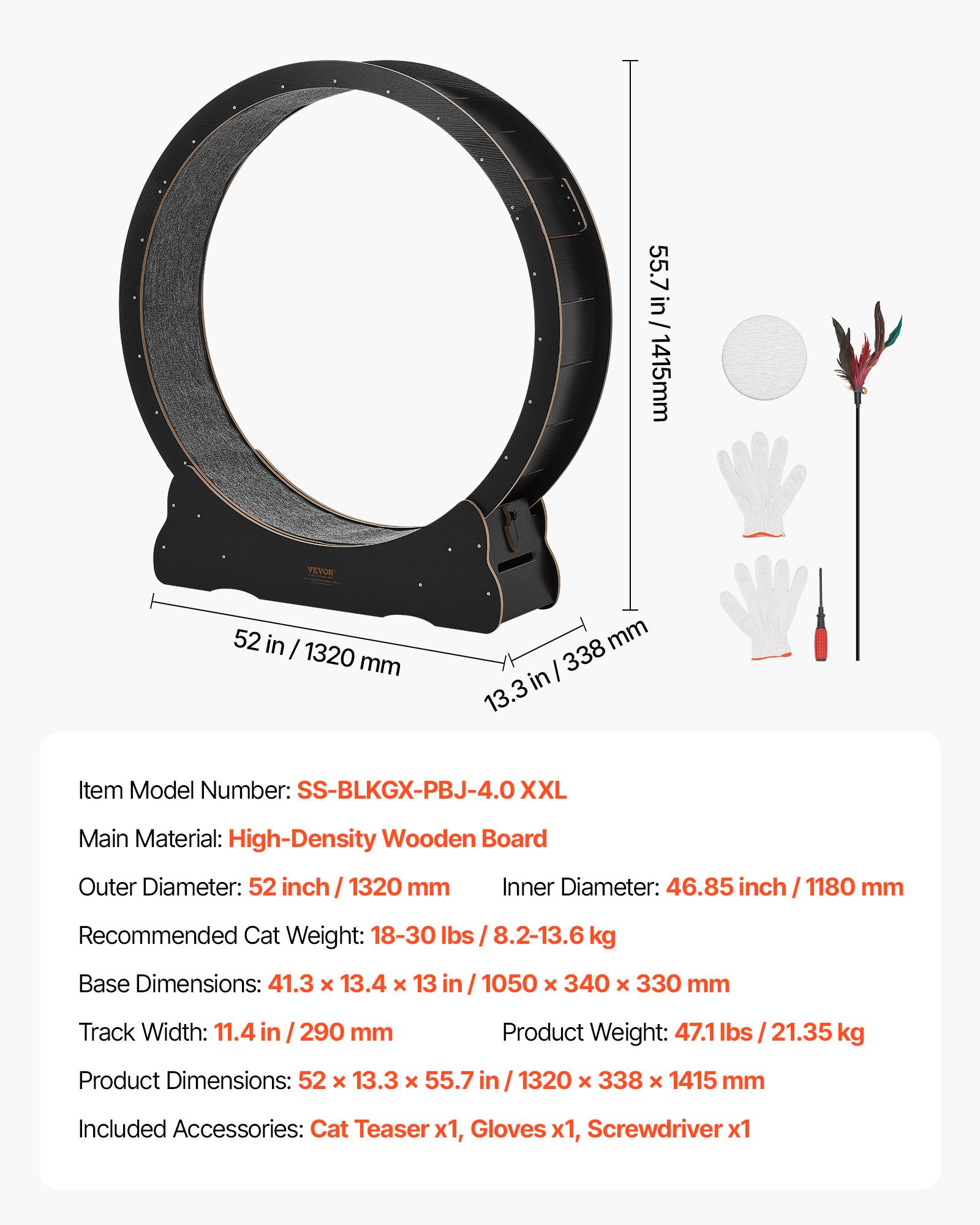 VEVOR Cat Exercise Wheel, 132cm Wooden Cat Running Wheel for Indoor Kitten up to 12.7kg, Cats Treadmill with Carpeted Runway & Locking Mechanism, Quiet Cat Sport Toys for Pets Fitness & Health, Black