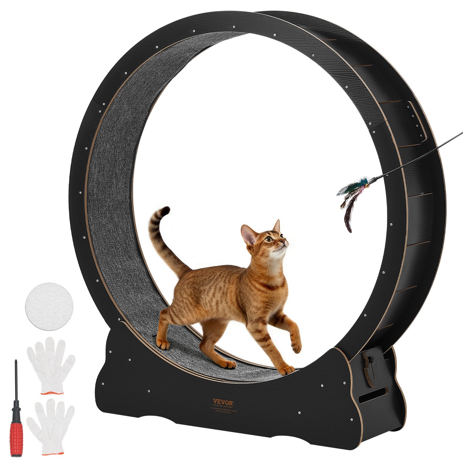 VEVOR Cat Exercise Wheel, 132cm Wooden Cat Running Wheel for Indoor Kitten up to 12.7kg, Cats Treadmill with Carpeted Runway & Locking Mechanism, Quiet Cat Sport Toys for Pets Fitness & Health, Black