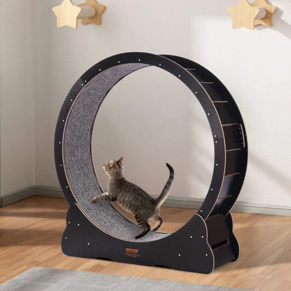 VEVOR Wooden Cat Running Wheel, 110cm Cat Treadmill for House Cats, Cat Running Wheel with Removable Carpet & Cat Toy for Running/Walking/Training, Suitable for Most Cats, Black