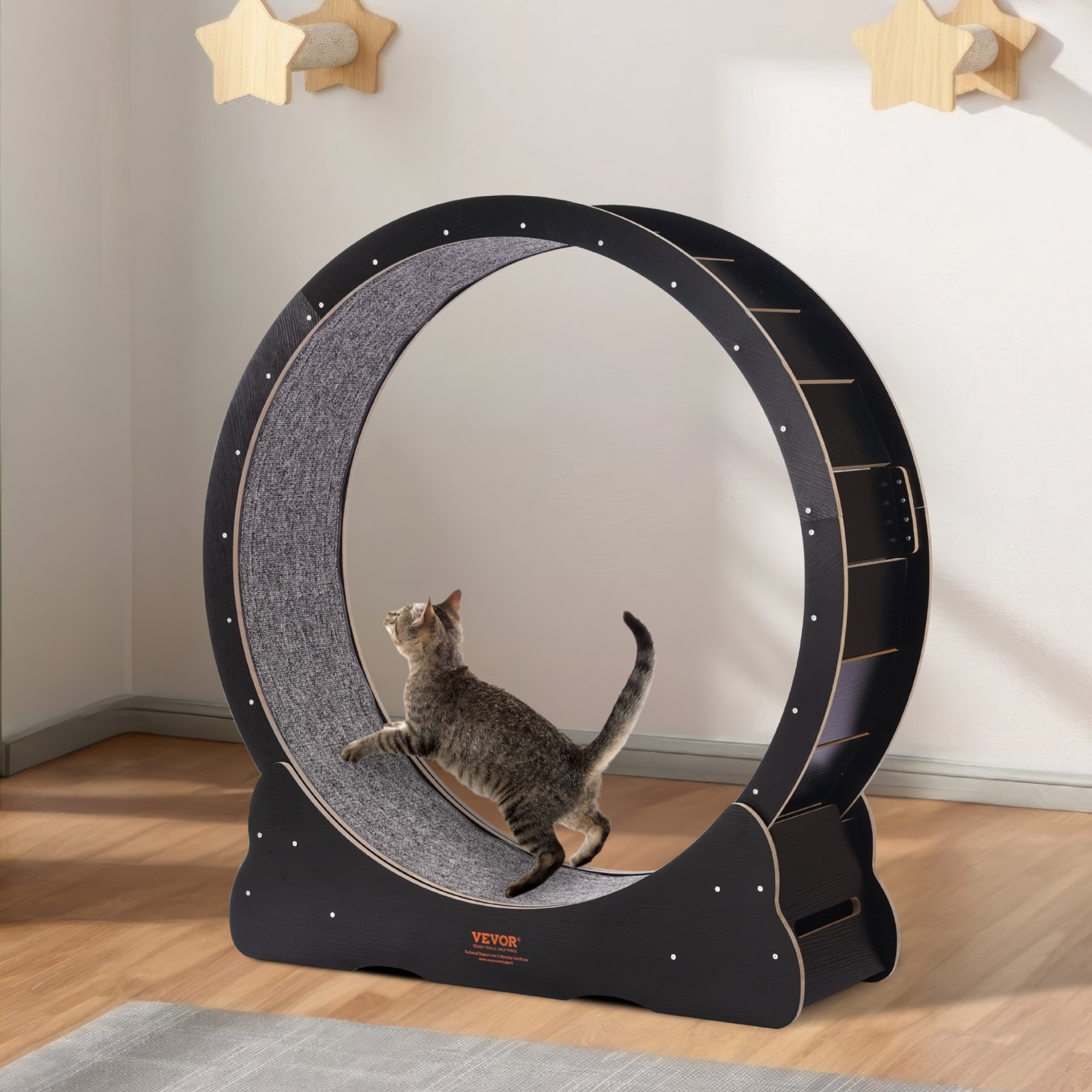 VEVOR Wooden Cat Running Wheel, 110cm Cat Treadmill for House Cats, Cat Running Wheel with Removable Carpet & Cat Toy for Running/Walking/Training, Suitable for Most Cats, Black