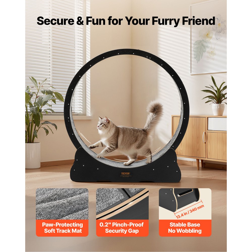 Koło do ćwiczeń dla kotów VEVOR, średnica wewnętrzna 1080 mm, drewniane koło do ćwiczeń dla kotów o wadze 8,6–12,7 kg, bieżnia dla kotów z wykładziną dywanową i mechanizmem blokującym, cicha zabawka dla kotów domowych, czarna