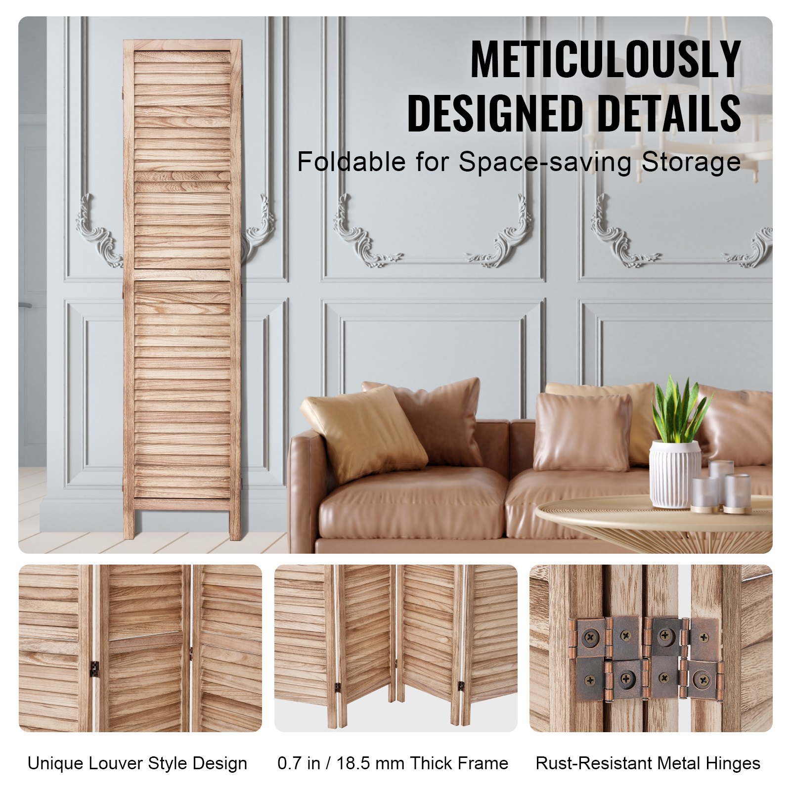 VEVOR Wooden Room Divider Screen, 4-Panel Foldable Privacy Screen, 170 cm High, Portable Decorative Screen for Room Partitioning with European Style for Home, Restaurant, Bedroom