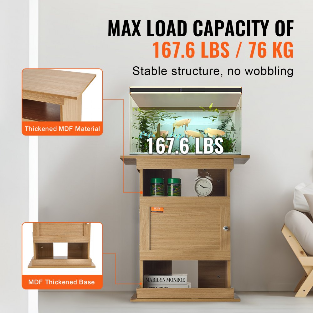 VEVOR Stojak na akwarium, 20 galonów, 64 x 40 x 72 cm, MDF, stojak na akwarium dla żółwi, udźwig 76 kg, stojak na akwarium dla gadów z miejscem do przechowywania, szafką i zestawem montażowym, kolor drewna lipowego