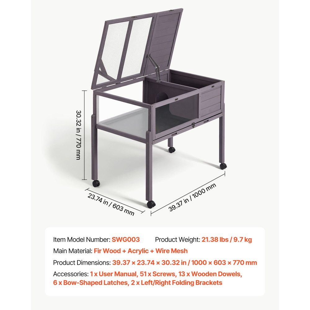 VEVOR Domek dla żółwi, wybieg dla żółwi, klatka dla gadów 1000x603x770 mm, dla żółwi, drewno jodłowe, z 2 komorami, drzwiami na kółkach, wysuwaną półką, stojakiem na lampę, pokrywą na zawiasach i akrylowym okienkiem