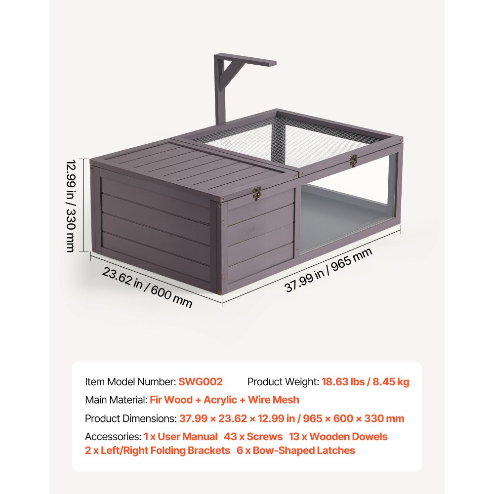 VEVOR Tortoise House, wybieg dla żółwi, klatka dla gadów 965x600x330 mm, dla żółwi, wykonana z drewna jodłowego, z 2 przegrodami, wysuwaną półką, stojakiem na lampę, uchylną pokrywą i akrylowym okienkiem