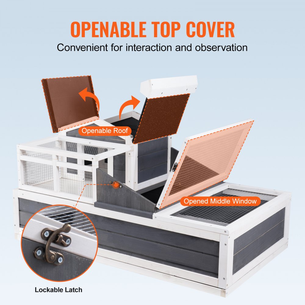 VEVOR Domek dla żółwi z 3 pomieszczeniami, wybieg dla żółwi z balkonem i 2 poziomami, drewniany wybieg dla żółwi do użytku wewnątrz i na zewnątrz z rampą, tacką, otwieranym dachem, dużą klatką dla gadów, 44" x 25,6" x 24