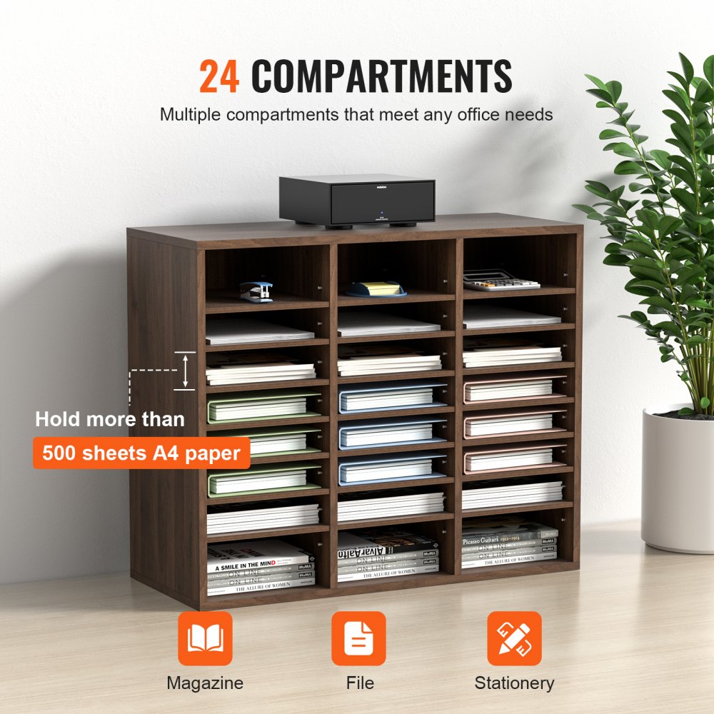 VEVOR Tacka na dokumenty z 24 przegródkami, wykonana z płyty MDF, Tacka na dokumenty w kolorze brązu vintage 737 x 305 x 620 mm, Przegródki do przechowywania, Stojak na dokumenty na biurko, Przechowywanie dokumentów, Uchwyt na dokumenty w domu, w biurze, w klasie itp.