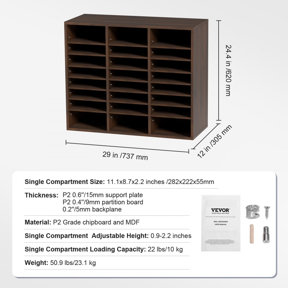 VEVOR Tacka na dokumenty z 24 przegródkami, wykonana z płyty MDF, Tacka na dokumenty w kolorze brązu vintage 737 x 305 x 620 mm, Przegródki do przechowywania, Stojak na dokumenty na biurko, Przechowywanie dokumentów, Uchwyt na dokumenty w domu, w biurze, w klasie itp.