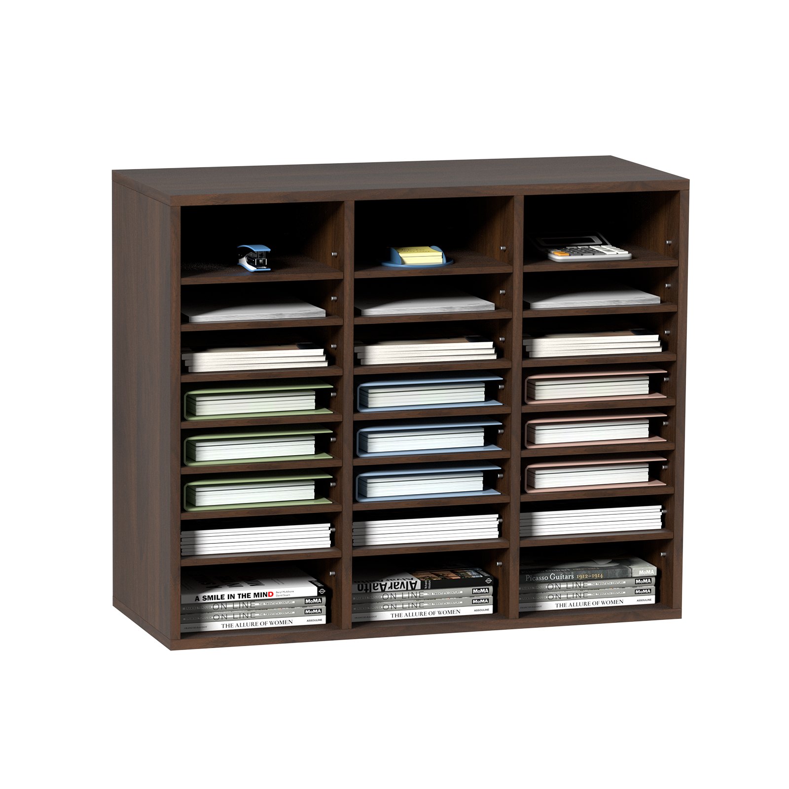 VEVOR Tacka na dokumenty z 24 przegródkami, wykonana z płyty MDF, Tacka na dokumenty w kolorze brązu vintage 737 x 305 x 620 mm, Przegródki do przechowywania, Stojak na dokumenty na biurko, Przechowywanie dokumentów, Uchwyt na dokumenty w domu, w biurze, w klasie itp.