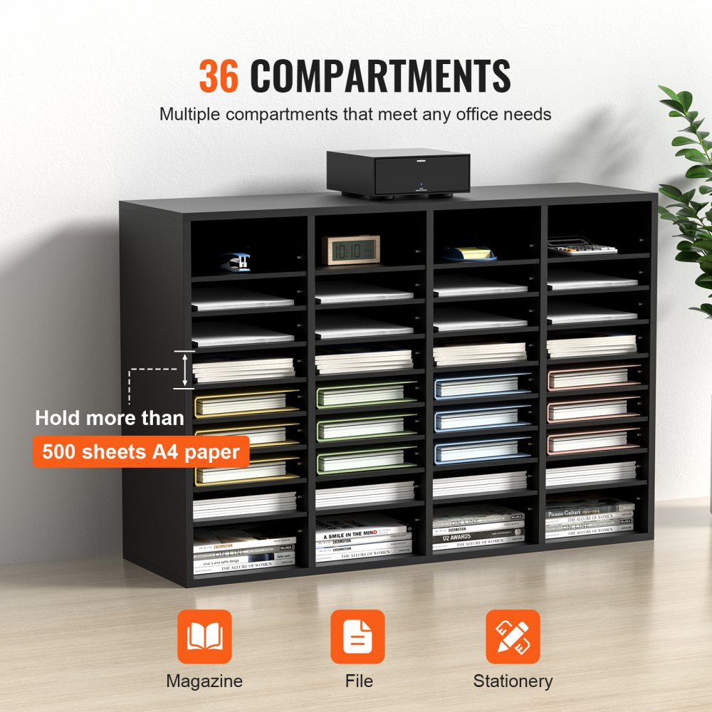 VEVOR 997 x 305 x 680 mm Tacka na dokumenty, organizer na biurko, 2,3-5,6 cm, regulowana, A4, układana poziomo, tacka na papier, organizer do systemu przechowywania dokumentów biurkowych, archiwizacja (czarna, 36 przegródek)