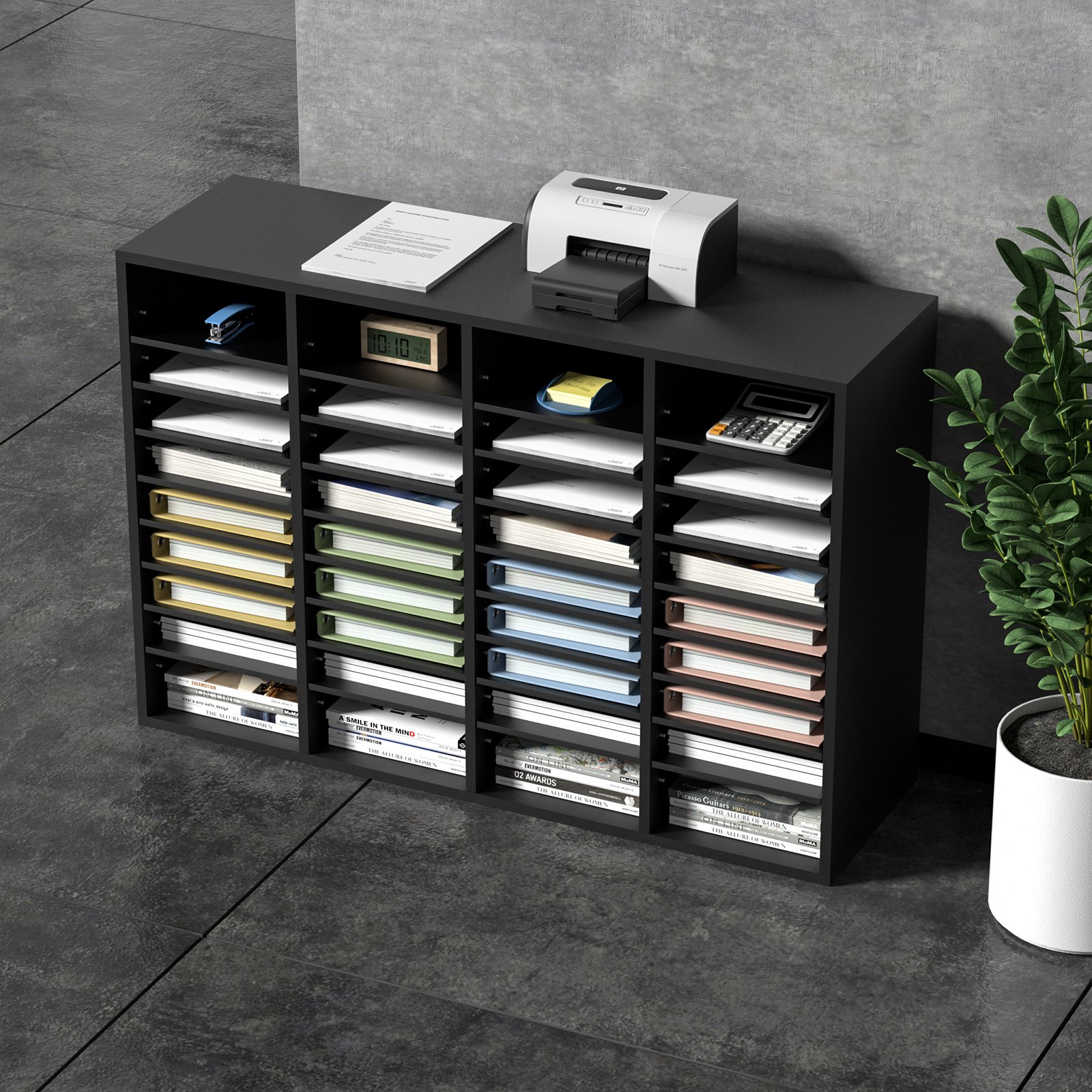 VEVOR 997 x 305 x 680 mm Tacka na dokumenty, organizer na biurko, 2,3-5,6 cm, regulowana, A4, układana poziomo, tacka na papier, organizer do systemu przechowywania dokumentów biurkowych, archiwizacja (czarna, 36 przegródek)