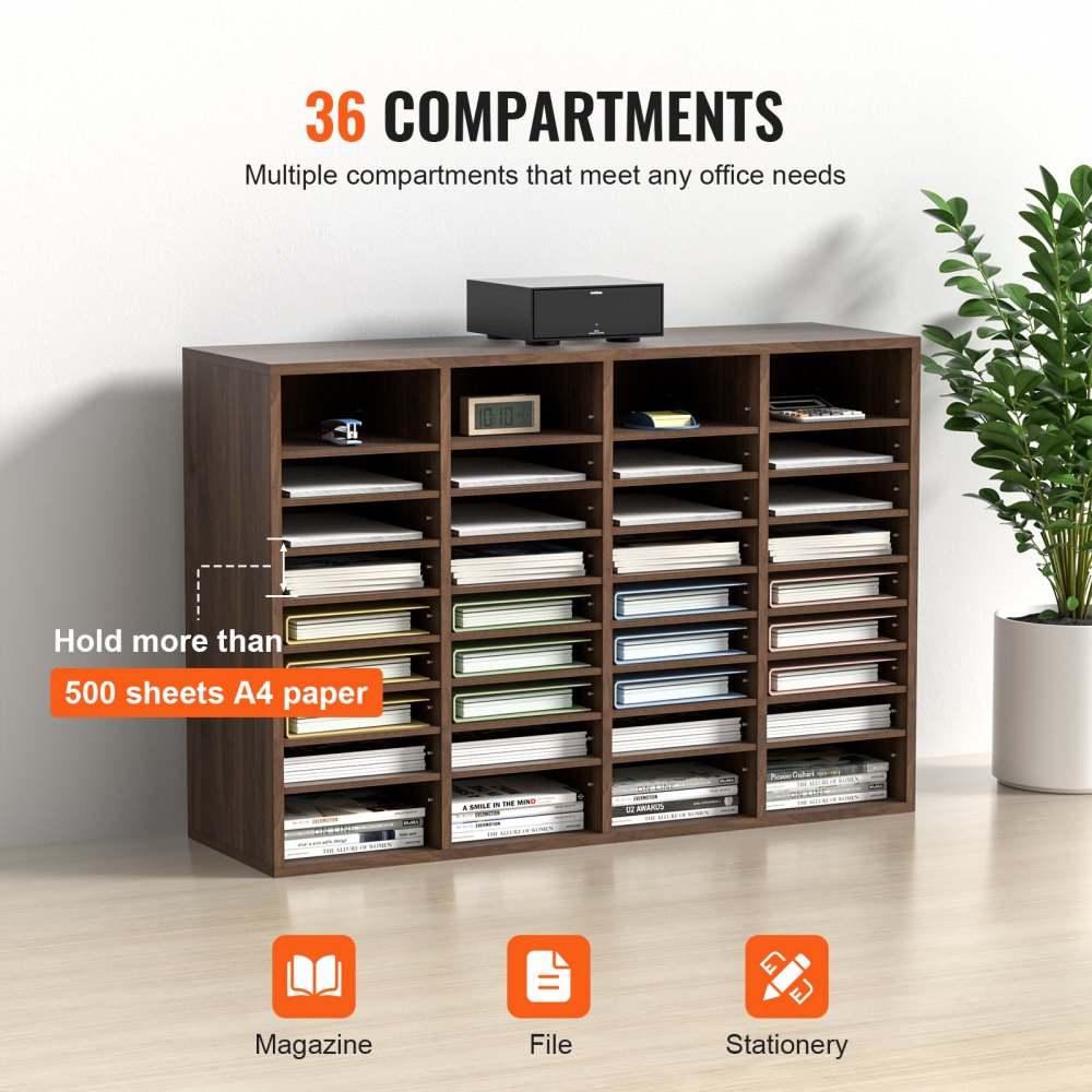 VEVOR Tacka na dokumenty z 36 przegródkami, wykonana z płyty MDF, Tacka na dokumenty w kolorze brązu vintage 997 x 305 x 680 mm, Przegródki do przechowywania, Stojak na dokumenty na biurko, Przechowywanie dokumentów, Uchwyt na dokumenty w domu, w biurze, w klasie itp.