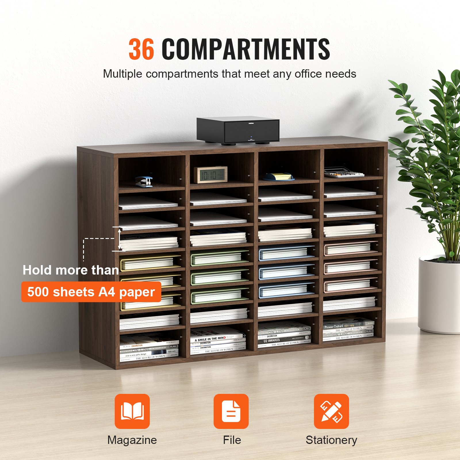 VEVOR Tacka na dokumenty z 36 przegródkami, wykonana z płyty MDF, Tacka na dokumenty w kolorze brązu vintage 997 x 305 x 680 mm, Przegródki do przechowywania, Stojak na dokumenty na biurko, Przechowywanie dokumentów, Uchwyt na dokumenty w domu, w biurze, w klasie itp.