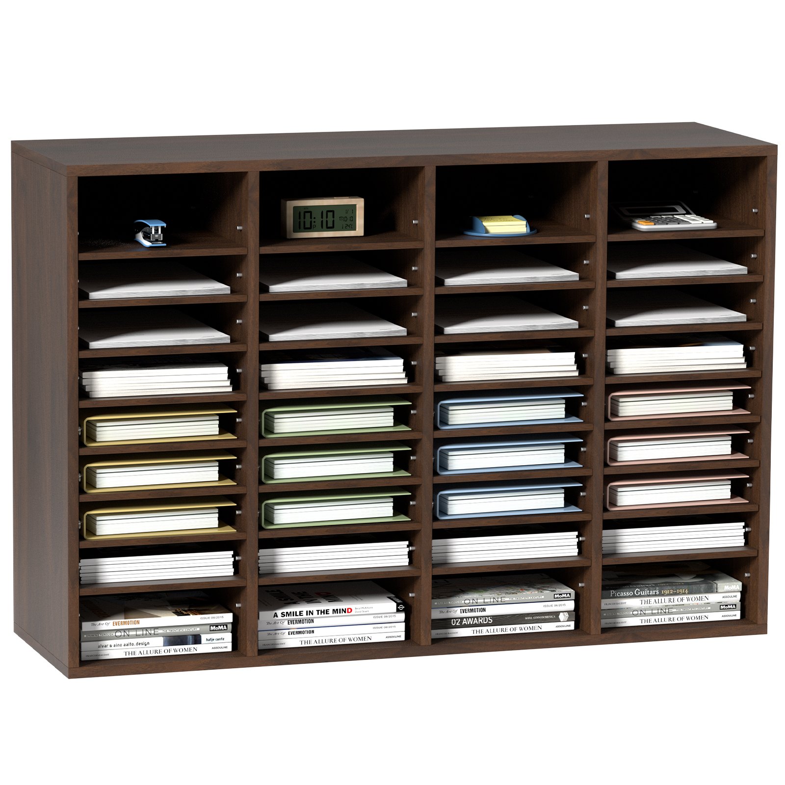 VEVOR Tacka na dokumenty z 36 przegródkami, wykonana z płyty MDF, Tacka na dokumenty w kolorze brązu vintage 997 x 305 x 680 mm, Przegródki do przechowywania, Stojak na dokumenty na biurko, Przechowywanie dokumentów, Uchwyt na dokumenty w domu, w biurze, w klasie itp.