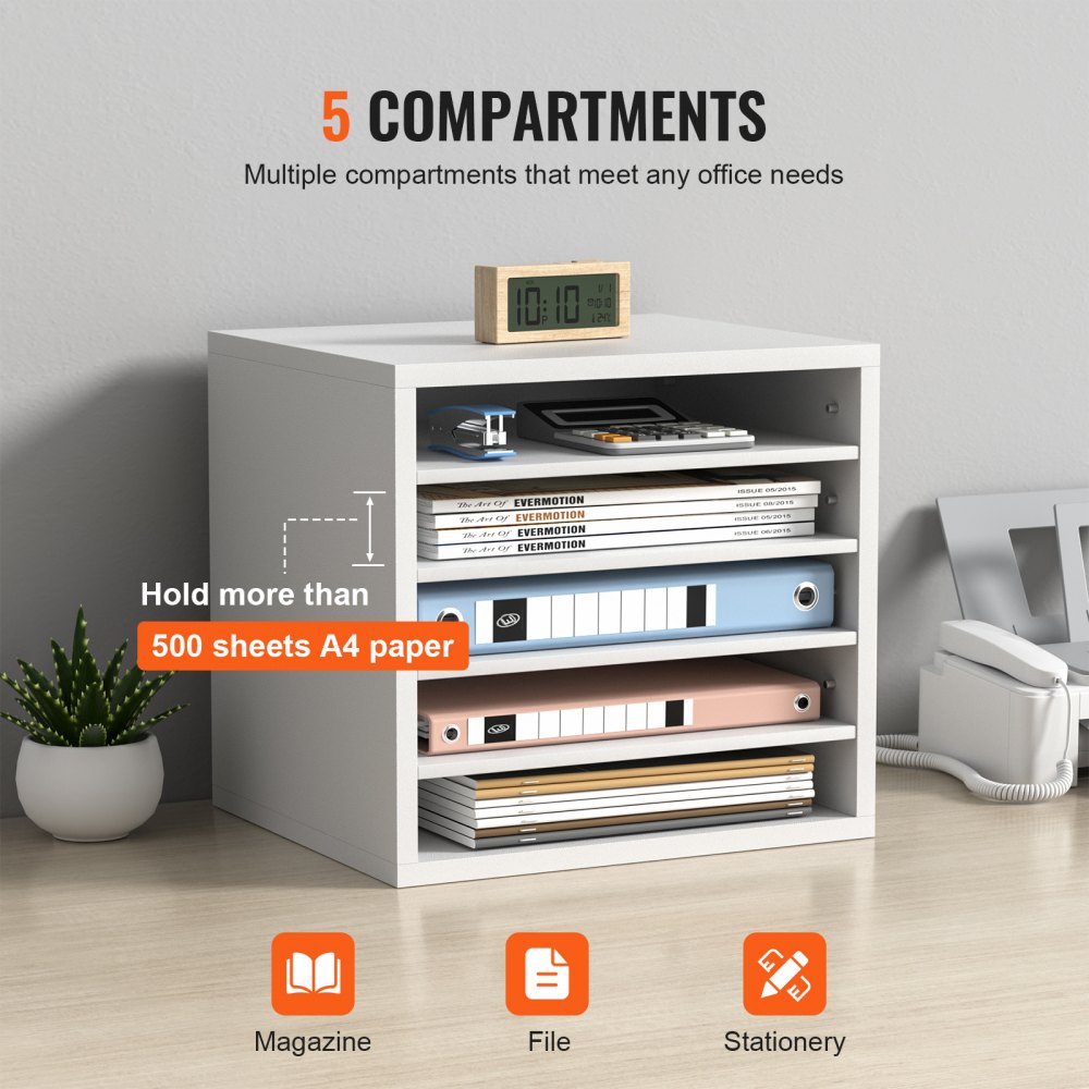 VEVOR 355 x 305 x 330 mm Tacka na dokumenty, organizer na biurko, 2,3–5,6 cm, regulowana, składana, format A4, pozioma, tacka na papier, organizer do systemu przechowywania dokumentów, tacka (biała, 5 przegródek)