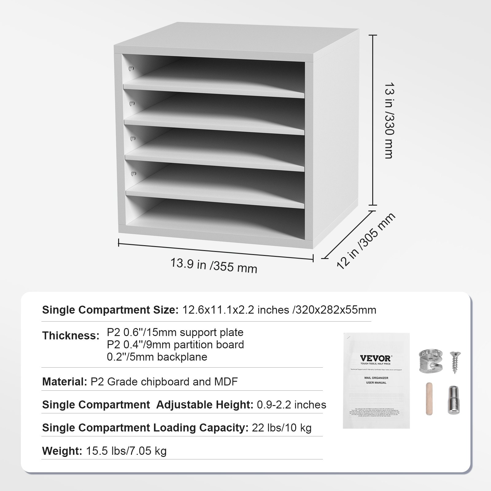 VEVOR 355 x 305 x 330 mm Tacka na dokumenty, organizer na biurko, 2,3–5,6 cm, regulowana, składana, format A4, pozioma, tacka na papier, organizer do systemu przechowywania dokumentów, tacka (biała, 5 przegródek)