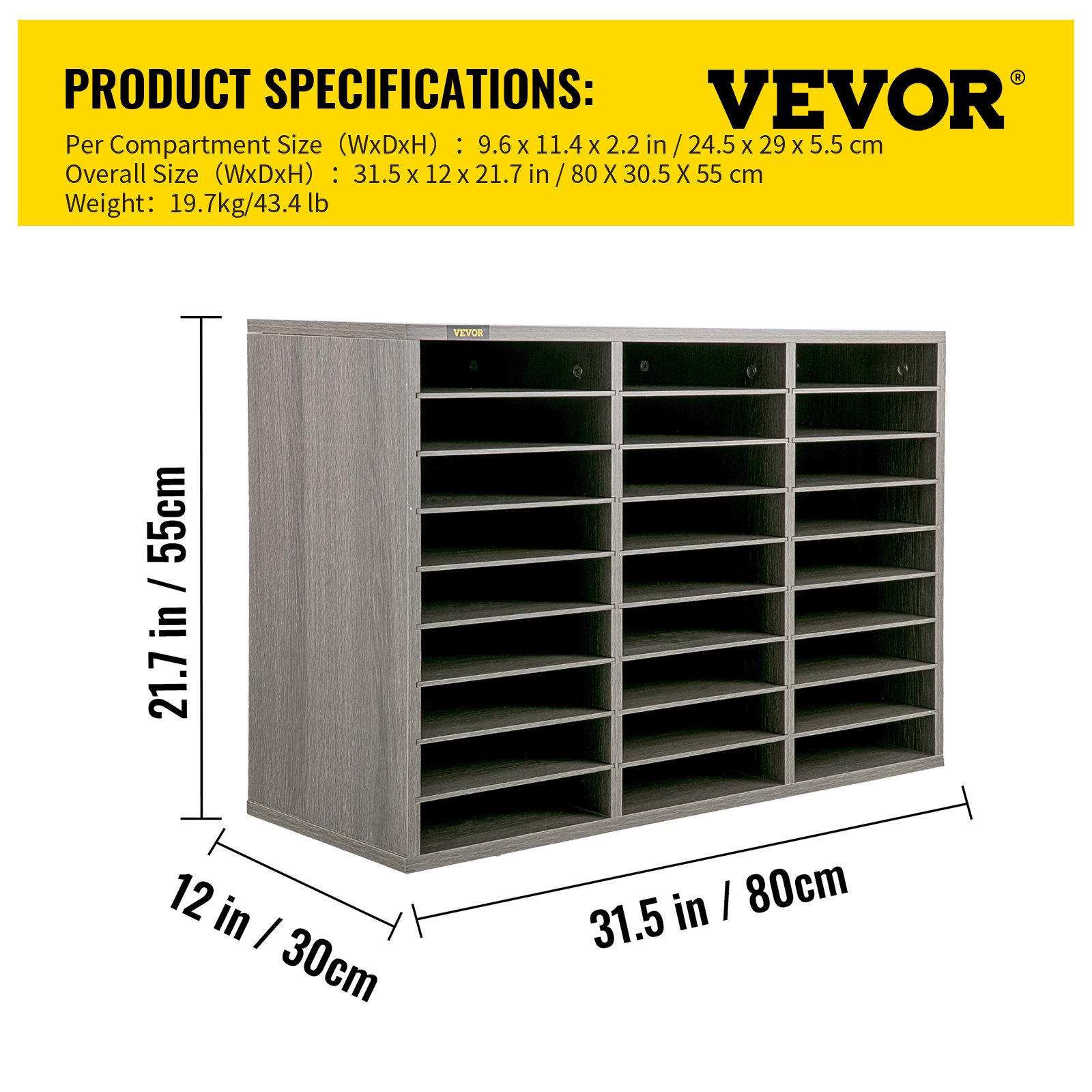 VEVOR taca na listy taca na dokumenty drewniana 3 x 9 przegródek przegródki do przechowywania piętrowane szare 24,5 x 29 x 5,5 cm wymiary każdej przegródki, biurko taca na listy ładowność 5 kg system przechowywania uchwyt na dokumenty na biurko