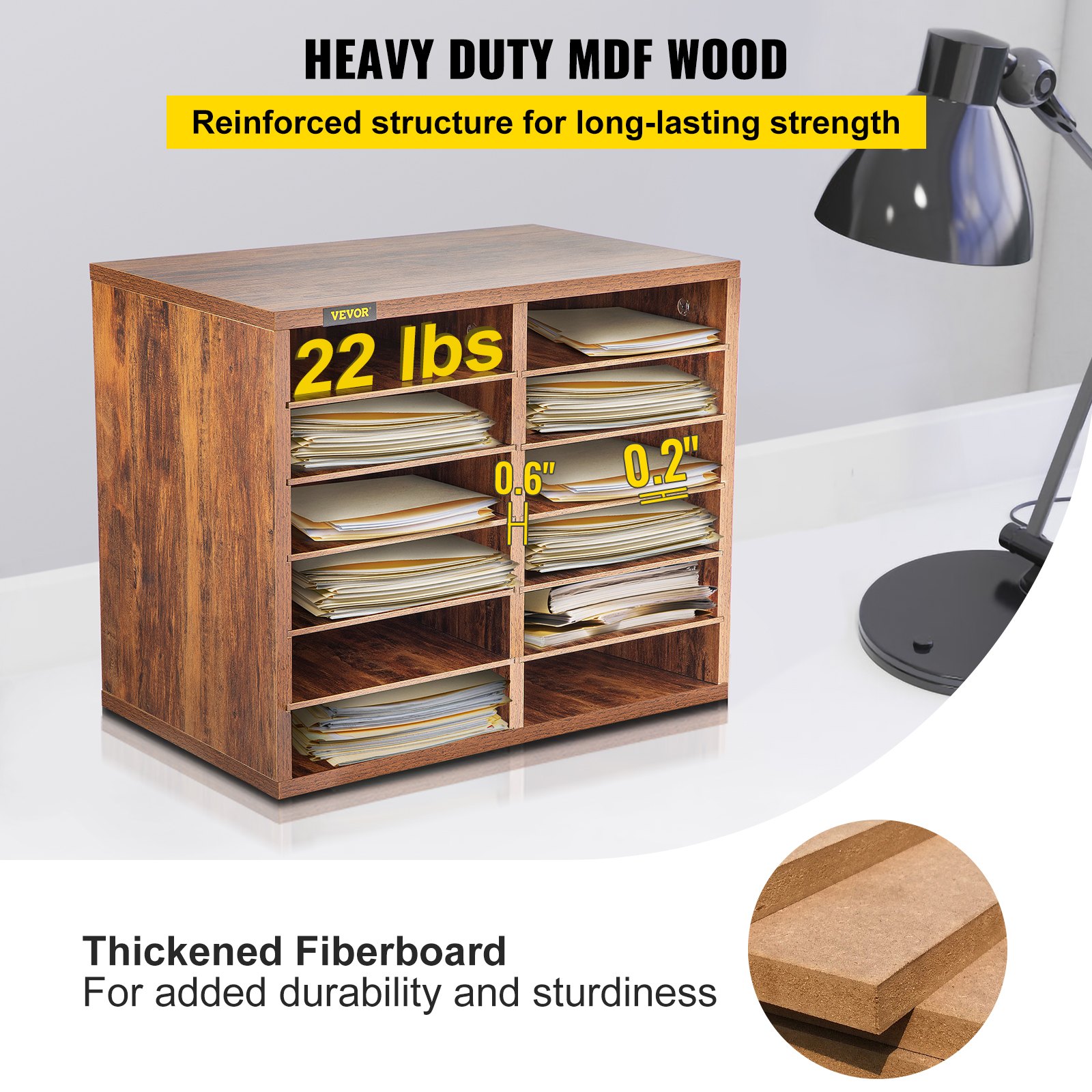 VEVOR organizer na biurko taca na dokumenty 12 przegródek system segregowania drewna brązowy