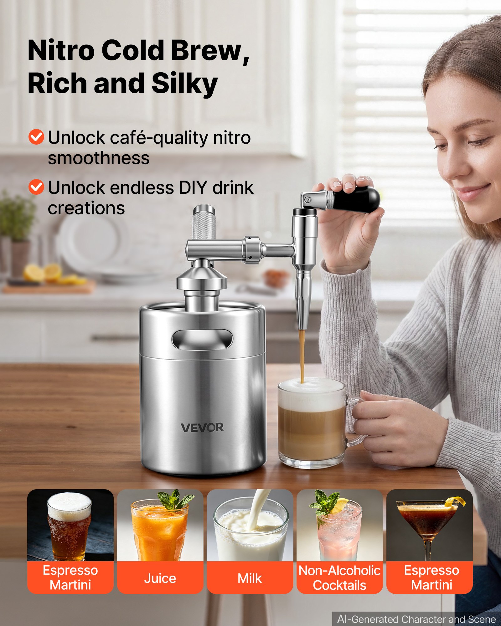 VEVOR Nitro Cold Brew Coffee Barrel 2L, ekspres do kawy ze stali nierdzewnej z kranem, domowy ekspres do kawy, przenośny ekspres do kawy z dozownikiem i zaworem bezpieczeństwa, odpowiedni dla miłośników kawy