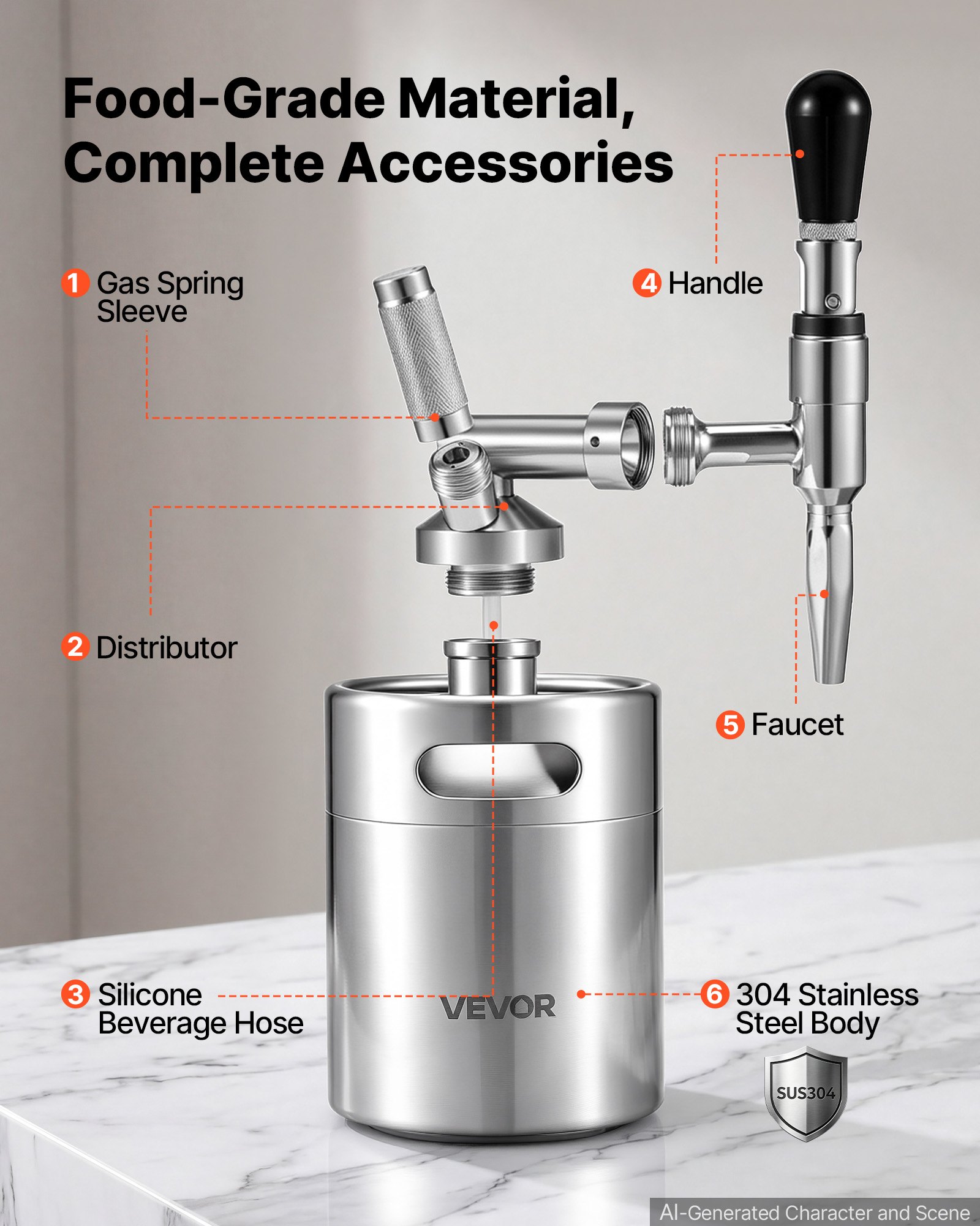 VEVOR Nitro Cold Brew Coffee Barrel 2L, ekspres do kawy ze stali nierdzewnej z kranem, domowy ekspres do kawy, przenośny ekspres do kawy z dozownikiem i zaworem bezpieczeństwa, odpowiedni dla miłośników kawy