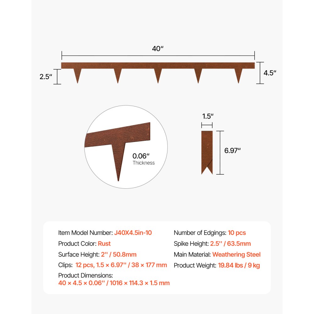 Obrzeże trawnikowe VEVOR, zestaw 10 szt., 1016 x 114,3 x 1,5 mm, metalowe, odporne na rdzę, obwódka rabat kwiatowych, obrzeże trawnikowe, łatwe w montażu, rozdzielacz do rabat kwiatowych, ścieżki ogrodowe