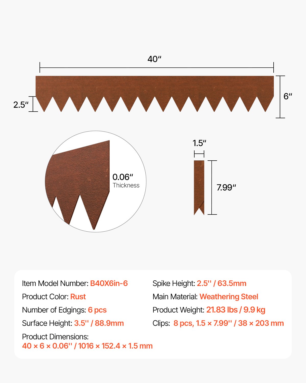 Obrzeże trawnikowe VEVOR, 6 szt., 1016 x 152,4 x 1,5 mm, metalowe obrzeże rabatowe z powłoką antykorozyjną, giętkie obrzeże ogrodowe, obwódka rabat, przegroda do klombów i ścieżek ogrodowych