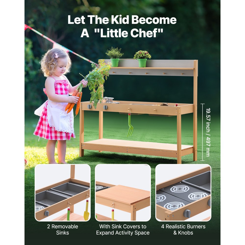 VEVOR Mud Kitchen dla dzieci, Drewniany zestaw kuchenny do zabawy z akcesoriami, Zestaw do zabawy w sklepie spożywczym na świeżym powietrzu, Kuchnia do zabawy na świeżym powietrzu dla chłopców i dziewcząt, Kuchnia do zabawy dla maluchów z kuchenkami i zlewem