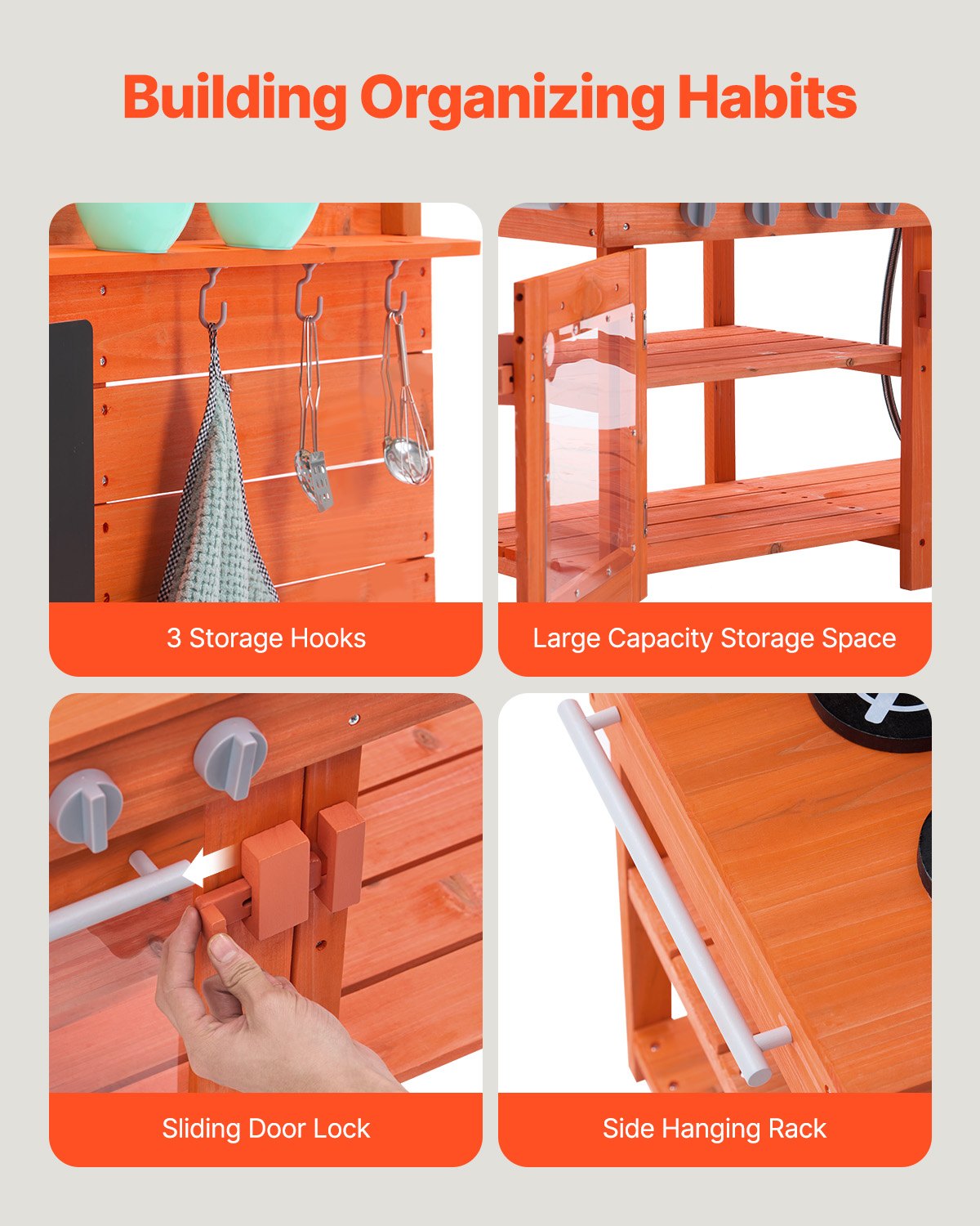 VEVOR Mud Kitchen 1050x400x965 mm, Drewniany zestaw kuchenny do zabawy, Kuchnia do zabawy na świeżym powietrzu dla maluchów, Kuchnia do zabawy z kuchenką, zlewem, kranem, tablicą, naczyniami kuchennymi, garnkami i akcesoriami