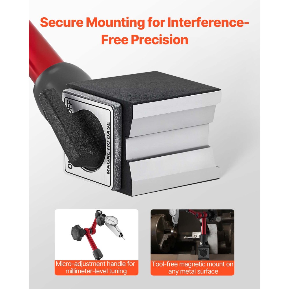 Czujnik zegarowy VEVOR z magnetyczną podstawką i etui, dokładność 0,01 mm, zakres 0-0,76 mm, mikrokulkowy uchwyt do pomiaru w ciasnych przestrzeniach, obróbka przemysłowa i kontrola