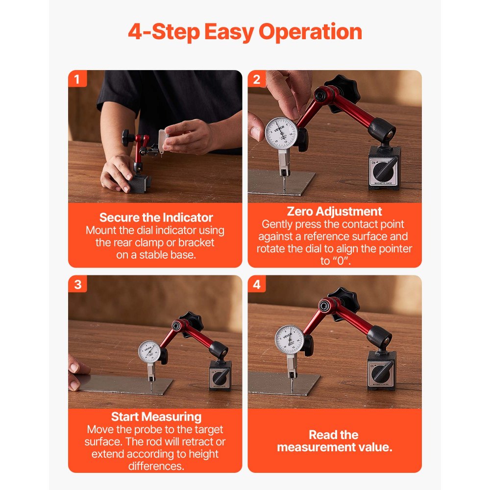 Czujnik zegarowy VEVOR z magnetyczną podstawką i etui, dokładność 0,01 mm, zakres 0-0,76 mm, mikrokulkowy uchwyt do pomiaru w ciasnych przestrzeniach, obróbka przemysłowa i kontrola