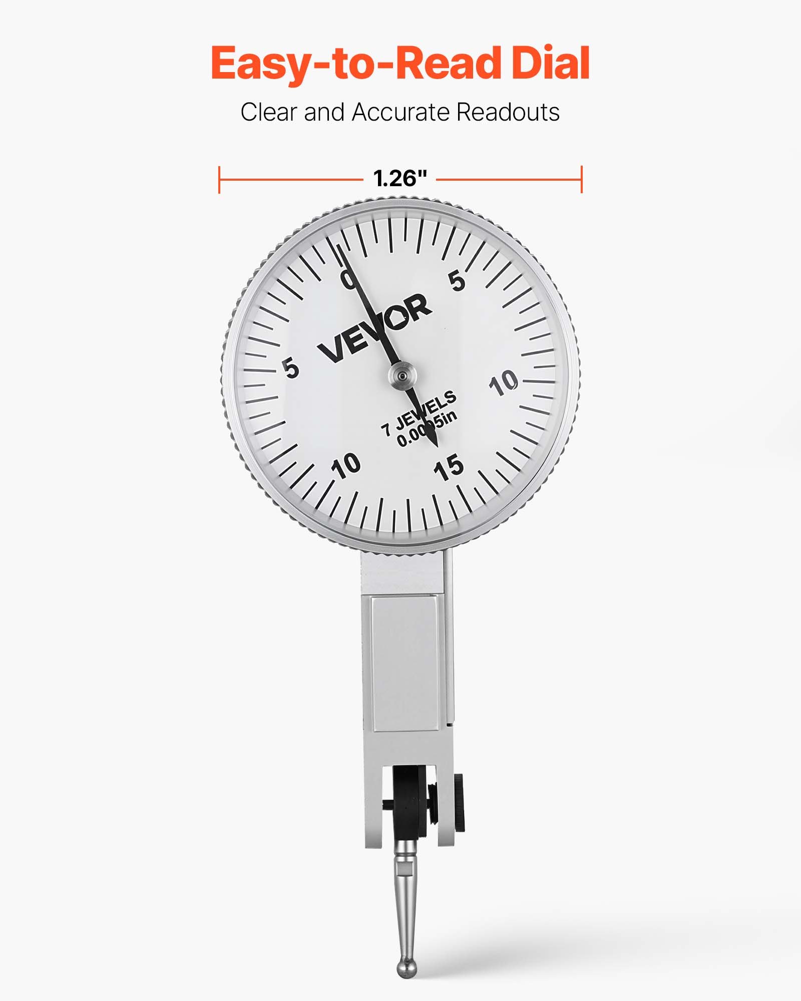 Czujnik zegarowy VEVOR ze stojakiem magnetycznym i etui, dokładność 0,01 mm, zakres 0–0,76 mm, uchwyt z mikrokulką do pomiarów w ciasnych przestrzeniach, w obróbce przemysłowej i kontroli