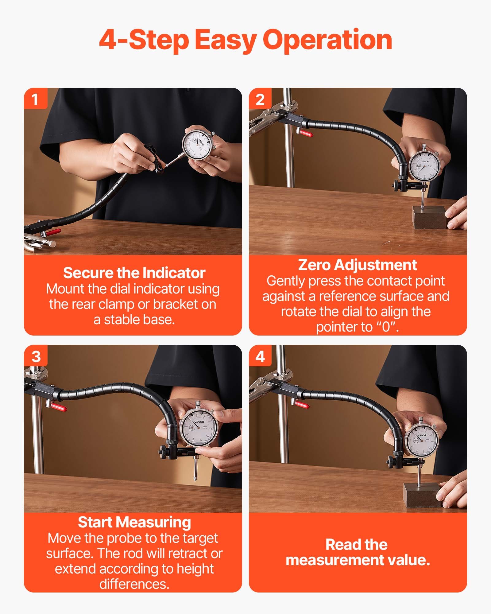 VEVOR Dial Test Indicator with 360° Flexible Arm and 360° Locking Pliers, 0.03 mm Accuracy, 0-25.4mm Range, Professional for Machine Set-Up, Narrow Area Measurement, Storage Case