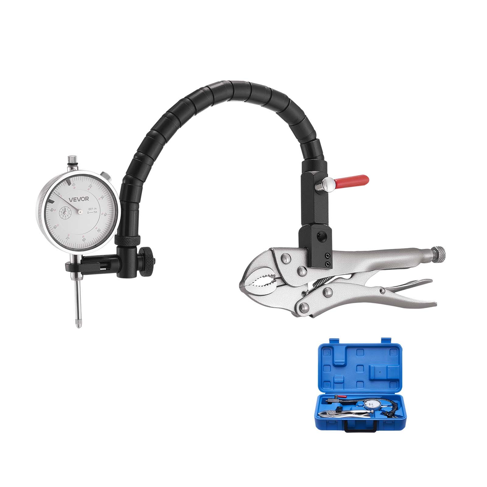 Czujnik zegarowy VEVOR z elastycznym ramieniem 360° i szczypcami zaciskowymi 360°, dokładność 0,03 mm, zakres 0–25,4 mm, profesjonalny do konfiguracji maszyn, pomiaru w ciasnych przestrzeniach, etui do przechowywania
