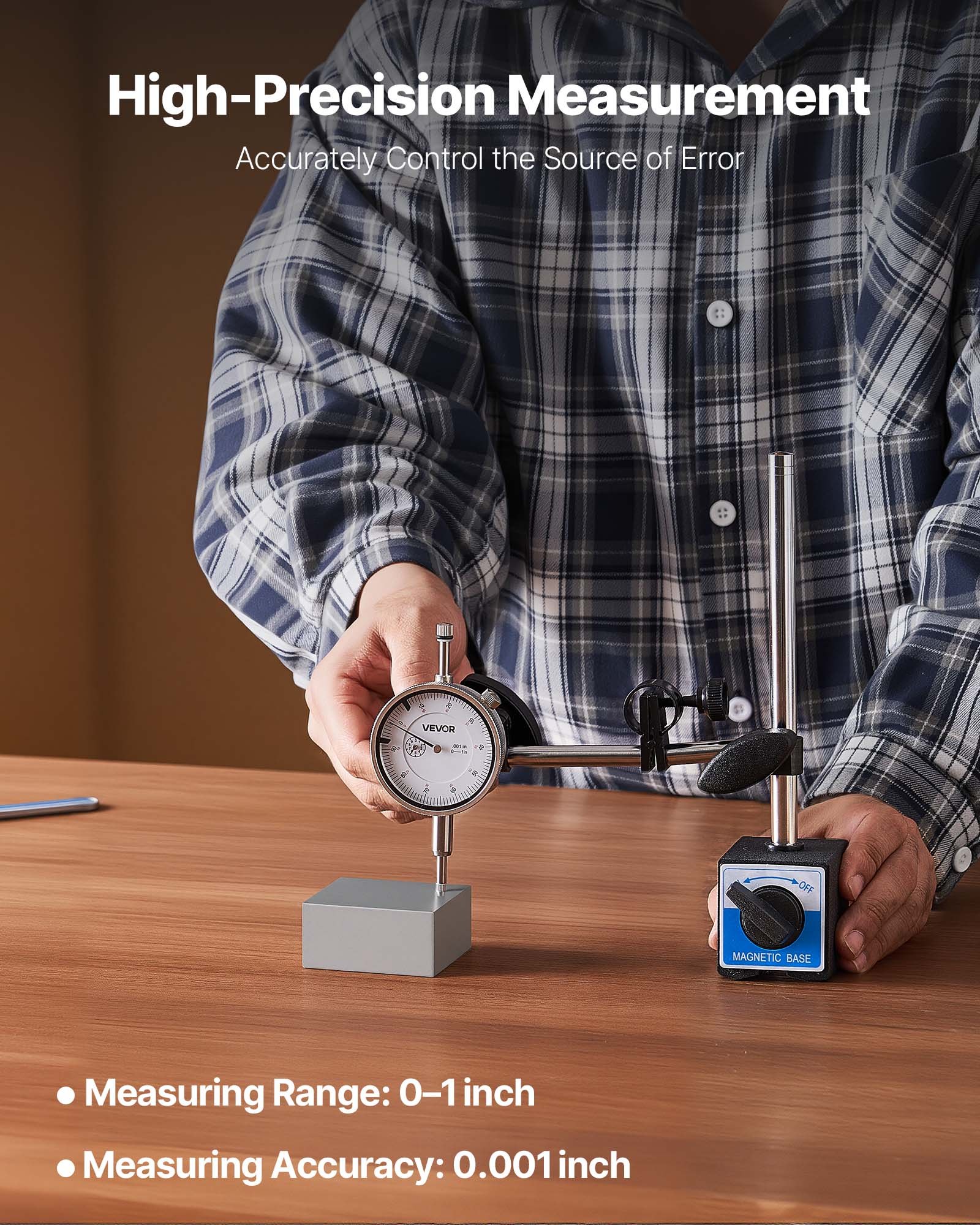 VEVOR Dial Test Indicator with Dual Rod Stand and Storage Case, 0.03 mm Accuracy, 0-25.4mm Range, Fine Adjustable Long Arm, Non-Magnetic Centering Rods for Machine Set-Up, Narrow Area Measurement