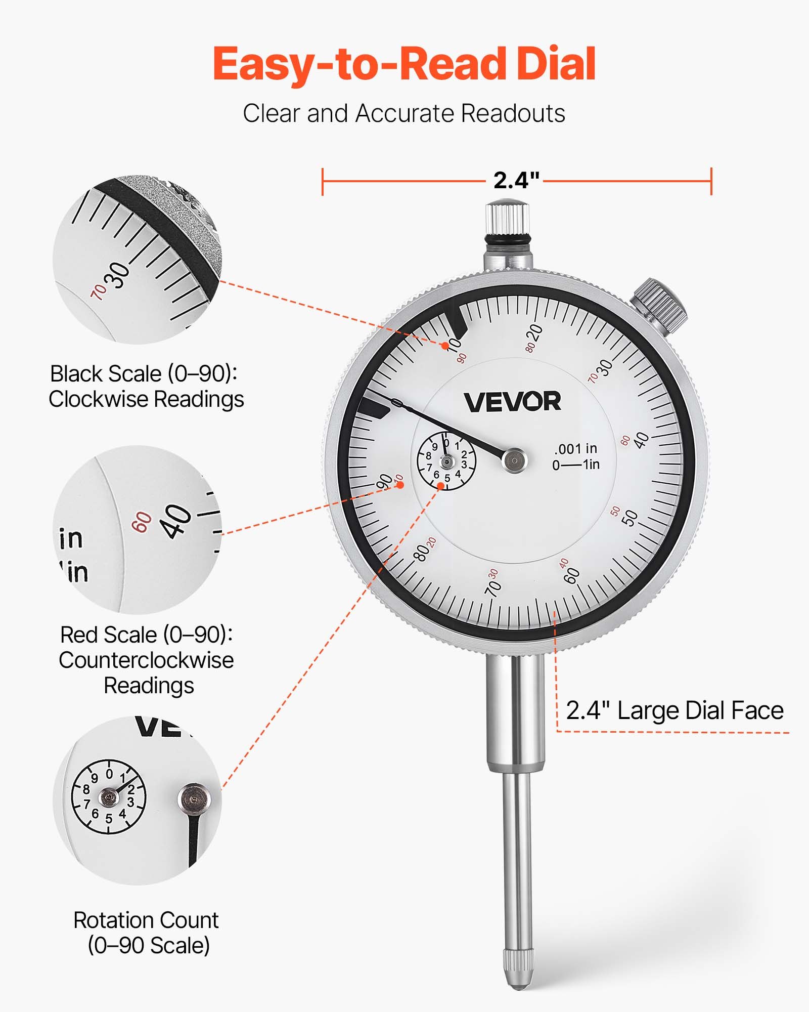VEVOR Czujnik zegarowy, statyw do czujnika zegarowego z podwójnym prętem i etui do przechowywania, dokładność 0,03 mm, zakres 0-25,4 mm, uchwyt czujnika zegarowego, niemagnetyczne pręty centrujące do ustawiania maszyny