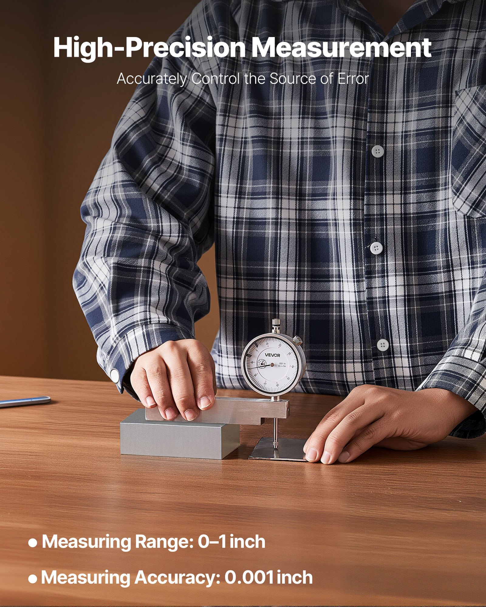 VEVOR Dial Test Indicator with Metal Base, 0.03 mm Accuracy, 0-25.4mm Range, Easy to Read Large Dial, Professional for Narrow Area Measurement, Industrial Machining & Inspection, Precision Testing