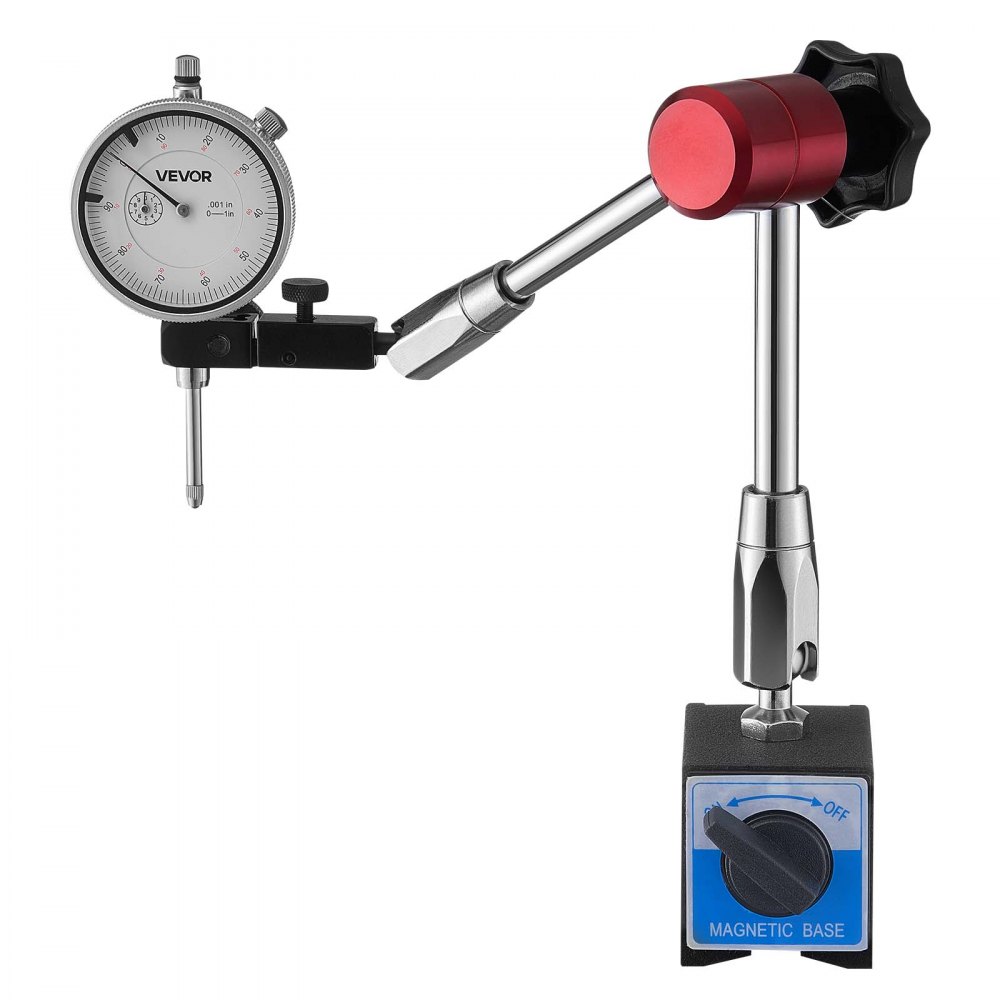 Czujnik zegarowy VEVOR z podstawą magnetyczną, podstawa magnetyczna, dokładność 0,03 mm, zakres 0–25,4 mm, uchwyt czujnika zegarowego, profesjonalny do konfiguracji maszyn, pomiar w wąskich obszarach, łatwy do odczytu