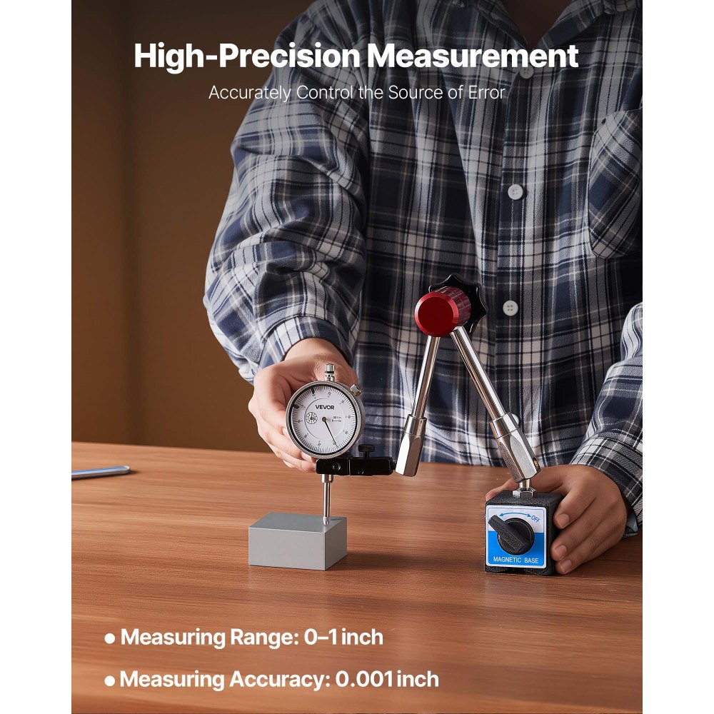 VEVOR Dial Test Indicator with Magnetic Flexible Base Stand, 0.03 mm Accuracy, 0-25.4mm Range, Fine Adjustable Long Arm, Professional for Machine Set-Up, Narrow Area Measurement, Easy to Read