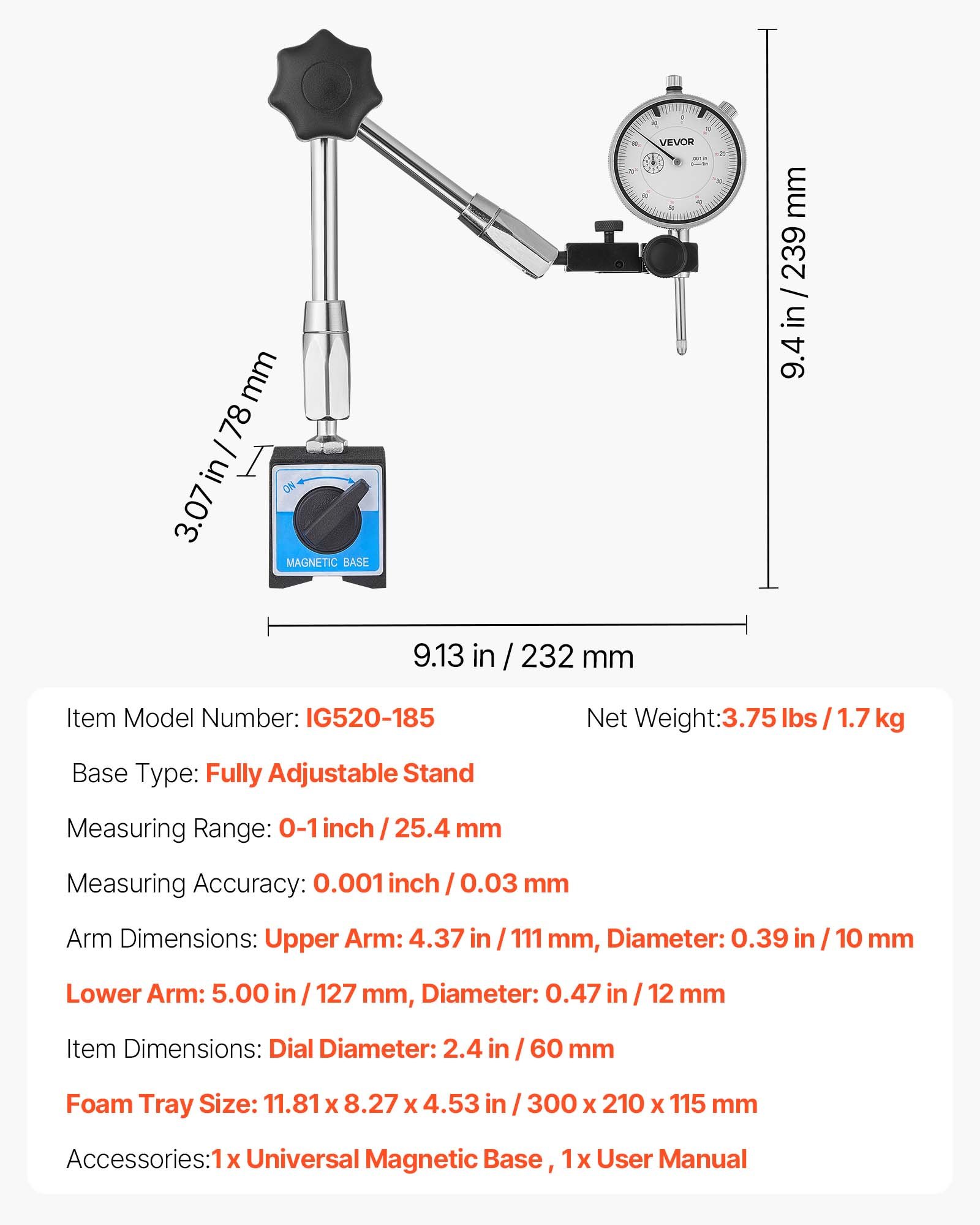 Czujnik zegarowy VEVOR z podstawą magnetyczną, podstawa magnetyczna, dokładność 0,03 mm, zakres 0–25,4 mm, uchwyt czujnika zegarowego, profesjonalny do konfiguracji maszyn, pomiar w wąskich obszarach, łatwy do odczytu