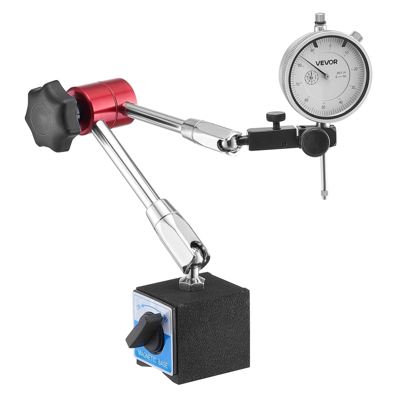 Czujnik zegarowy VEVOR z podstawą magnetyczną, podstawa magnetyczna, dokładność 0,03 mm, zakres 0–25,4 mm, uchwyt czujnika zegarowego, profesjonalny do konfiguracji maszyn, pomiar w wąskich obszarach, łatwy do odczytu