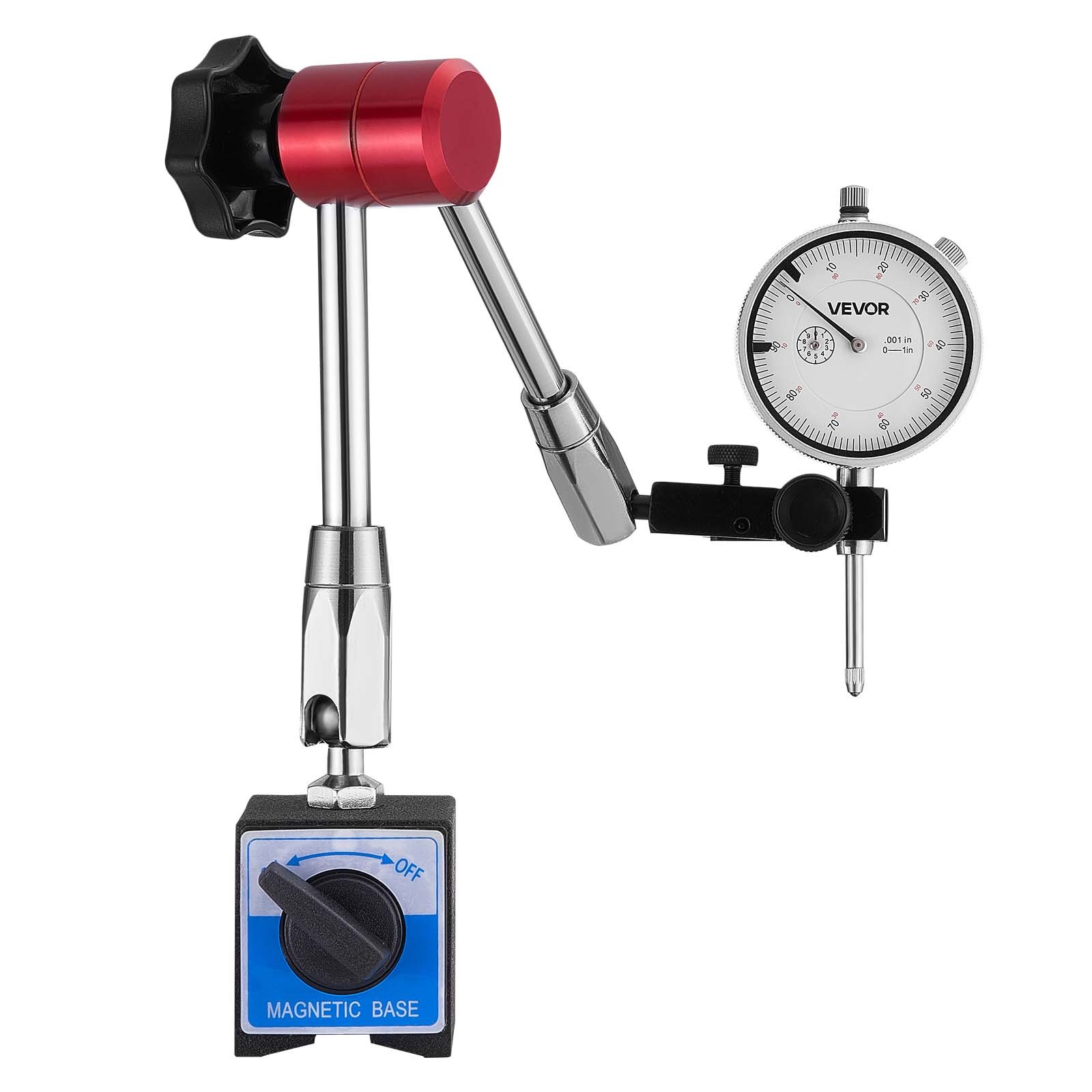 Czujnik zegarowy VEVOR z podstawą magnetyczną, podstawa magnetyczna, dokładność 0,03 mm, zakres 0–25,4 mm, uchwyt czujnika zegarowego, profesjonalny do konfiguracji maszyn, pomiar w wąskich obszarach, łatwy do odczytu