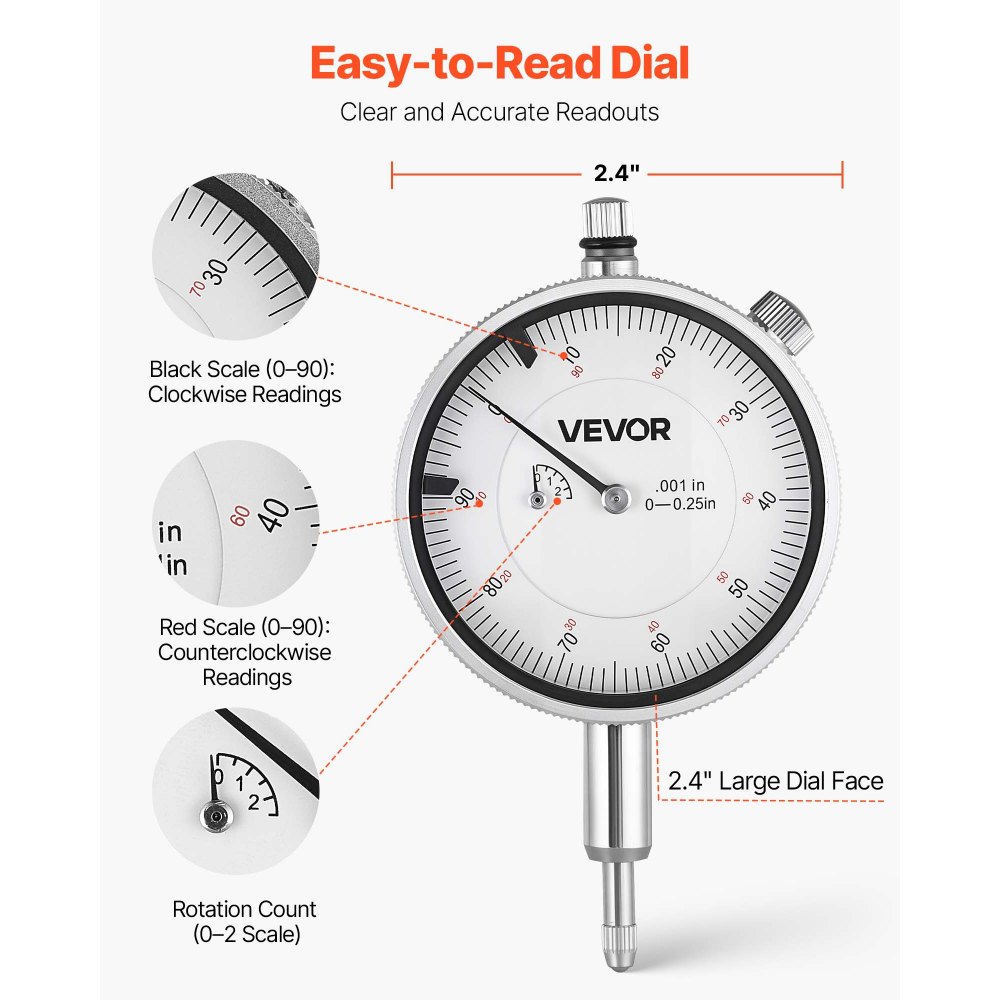 VEVOR Dial Test Indicator and Bore Gauge Measuring Tool Set, Dial Indicator 0.03 mm Accuracy, 50.8-152.4 mm Bore Range with Rod, Storage Case, Anvils for Industrial Machining Measurements