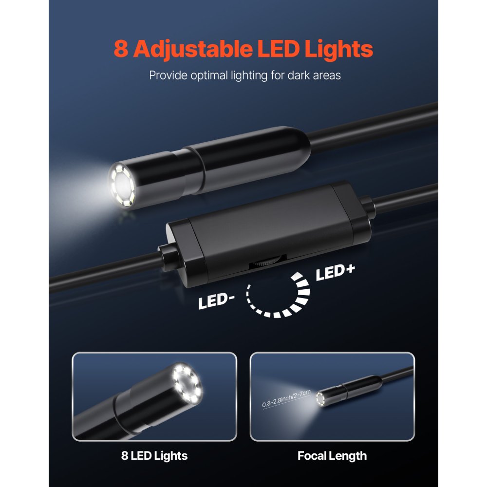 Kamera endoskopowa VEVOR z kablem 15 m, kamera inspekcyjna HD 1920P dla systemów Android i iOS, przemysłowa kamera kanalizacyjna ze światłem – 8 diod LED, 2-krotny zoom, kamera typu snake IP67 do samochodu, hydraulika