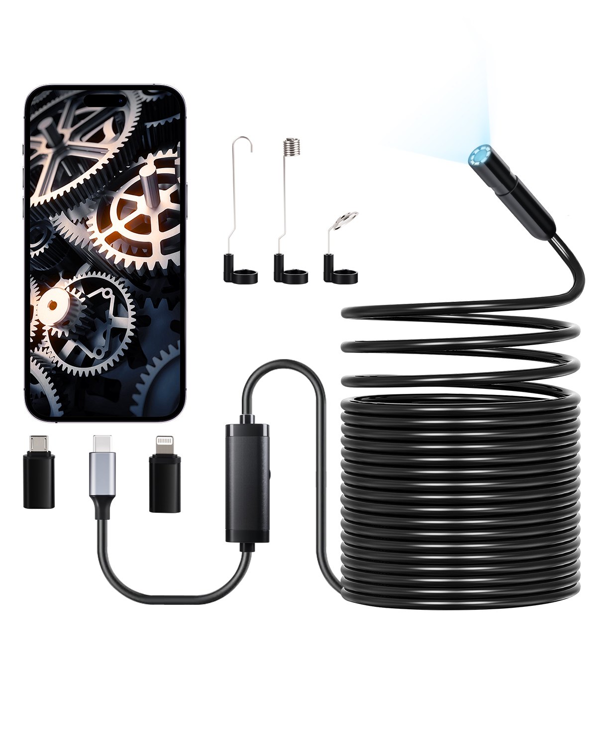 Kamera endoskopowa VEVOR z kablem 15 m, kamera inspekcyjna HD 1920P dla systemów Android i iOS, przemysłowa kamera kanalizacyjna ze światłem – 8 diod LED, 2-krotny zoom, kamera typu snake IP67 do samochodu, hydraulika