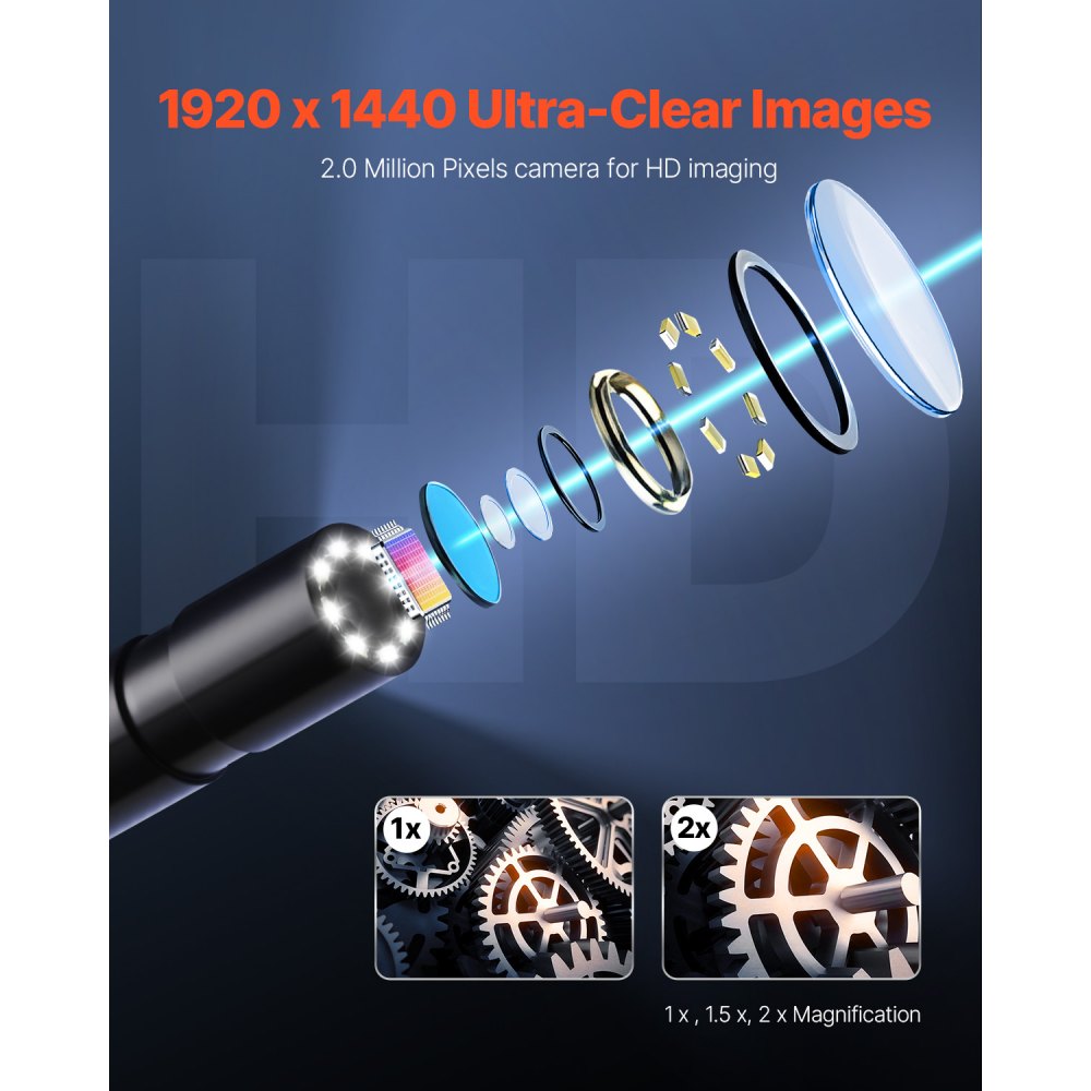Kamera endoskopowa VEVOR ze światłem, endoskop HD 1920P dla systemów Android i iOS, kamera inspekcyjna z 8 diodami LED i kablem o długości 5 m, 2-krotny zoom, wodoodporna kamera kanalizacyjna IP67 do samochodu i instalacji wodno-kanalizacyjnych