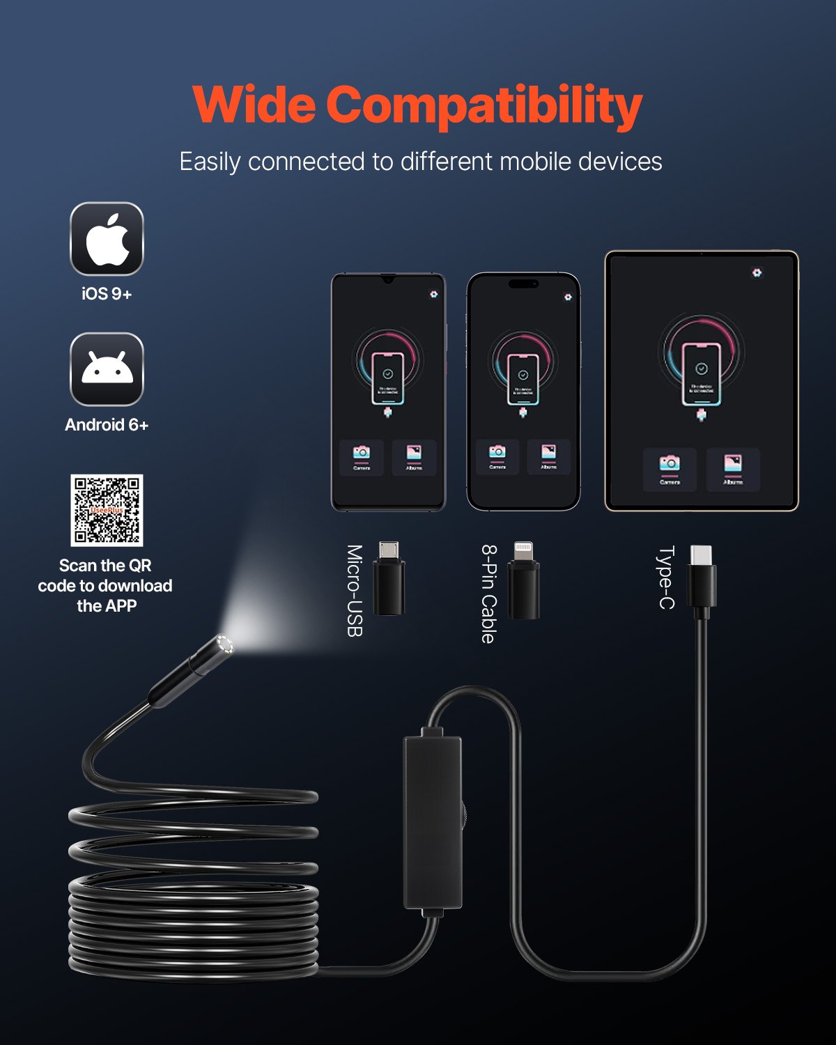 Kamera endoskopowa VEVOR ze światłem, endoskop HD 1920P dla systemów Android i iOS, kamera inspekcyjna z 8 diodami LED i kablem o długości 5 m, 2-krotny zoom, wodoodporna kamera kanalizacyjna IP67 do samochodu i instalacji wodno-kanalizacyjnych